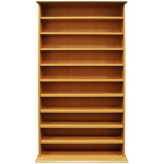 Versatile free standing open pine wood effect unit with eight adjustable shelves plus fixed centre and base shelves. Holds up to 760 CDs or 318 DVDs / Blu-rays / computer games or 150 videos or a combination of these. 18mm thick shelves. Distance between shelves if all ten used and evenly spaced = 13.5cm. Brand new flat packed. RRP £129.99